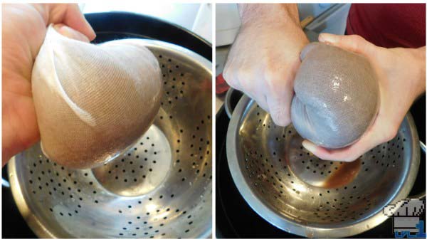 The red adzuki beans have been placed in a cheese cloth to fully strain out all of the liquid from them.