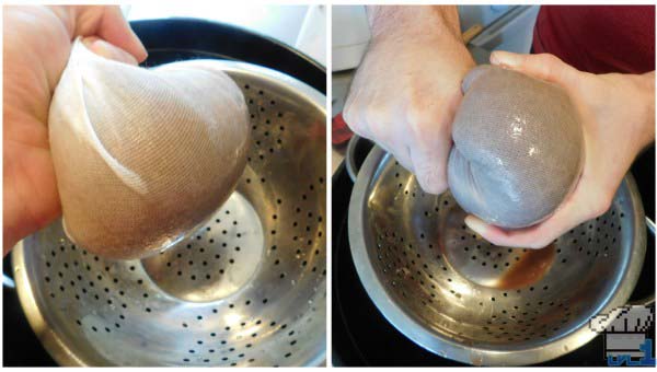 The red adzuki beans have been placed in a cheese cloth to fully strain out all of the liquid from them.