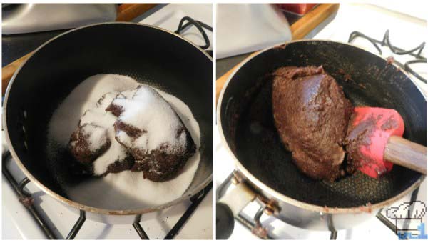 Adding sugar to the yokan red bean paste in the pan and stirring it until it is incorporated.