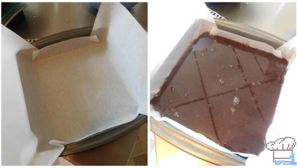 Pouring the adzuki red bean paste yokan mixture into a parchment paper lined baking tray and setting in the fridge to cool before slicing.