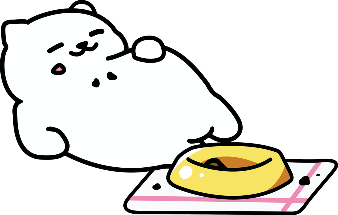 A pixel sprite image of Tubbs the chubby kitty from the Neko Atsume mobile game series, after a full meal.