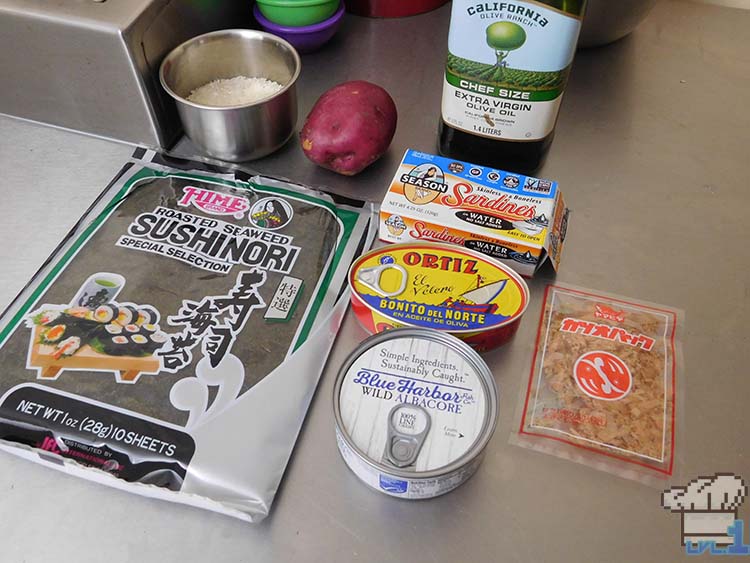 All of the ingredients to complete the Bonito Bitz cat food recipe from the Neko Atsume mobile game series.