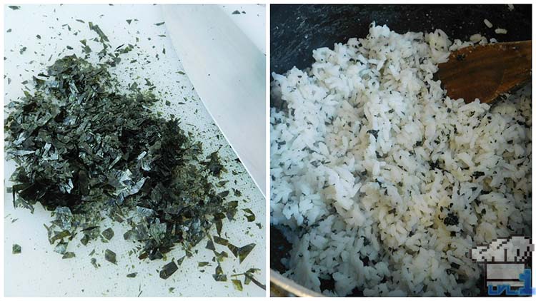 Side by side comparison of chopped dry nori, then the nori stirred into cooked rice.