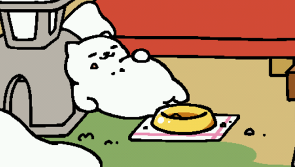 A pixel sprite image of Tubbs the chubby full kitty from the Neko Atsume mobile game series.
