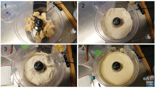 Mixing the almond genoise cake batter in a food processor for the base of our cake passenger car.
