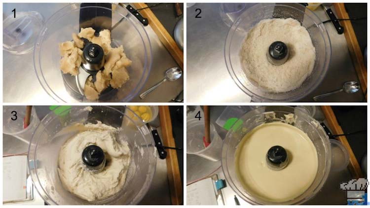 Mixing the almond genoise cake batter in a food processor for the base of our cake passenger car.