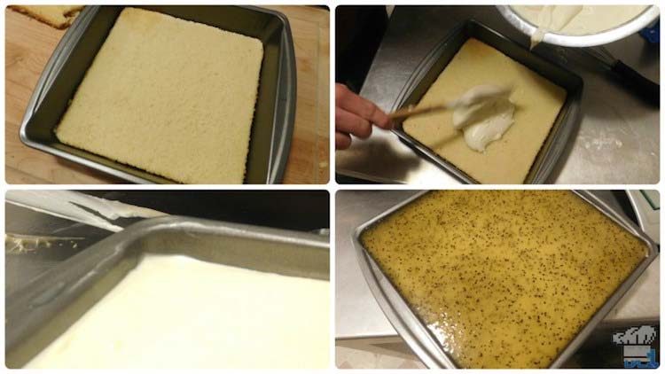 Assembling the cake by pouring the coconut bavarian cream, then the kiwi jelly glaze on top of the almond genoise cake to set.