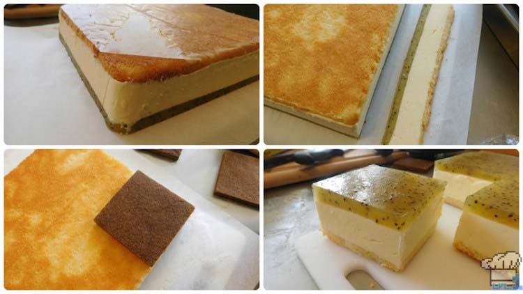 Slicing squares of the molded cake, bavarian cream and kiwi jelly for the cake passenger car.