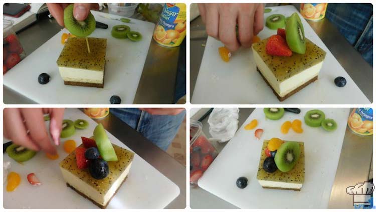 Assembling the fruit for garnish on top of the cake passenger car.