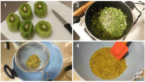 Slicing, cooking and straining the kiwi to create a kiwi jelly glaze for the top of the cake passenger car.