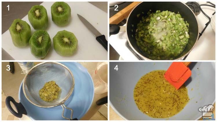 Slicing, cooking and straining the kiwi to create a kiwi jelly glaze for the top of the cake passenger car.