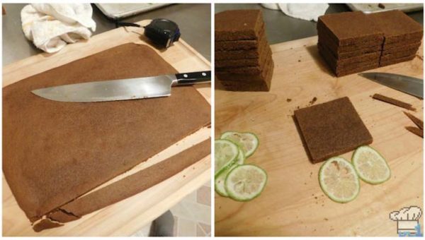 Slicing the gingerbread sheets into squares to create the base for the passenger cake car of our Legend of Zelda Spirit Tracks game series recipe.