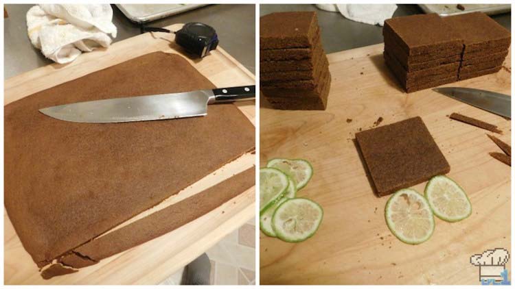 Slicing the gingerbread sheets into squares to create the base for the passenger cake car of our Legend of Zelda Spirit Tracks game series recipe.