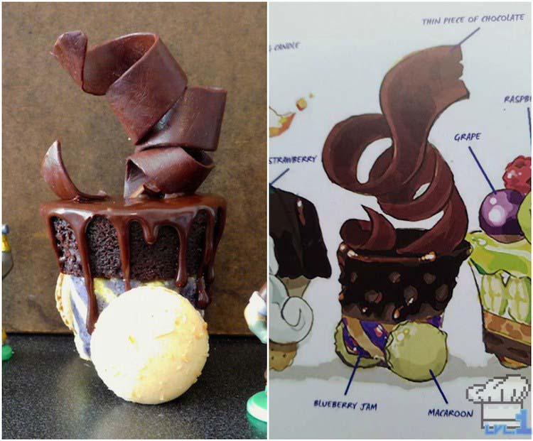 Comparison of the finished recipe of the chocolate cannon car from the Legend of Zelda Spirit Tracks game series, versus the concept art in the Hyrule Historia book.