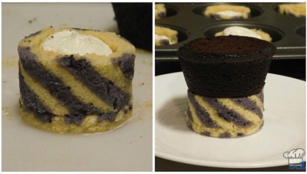 Assembling the base of the chocolate cannon car by filling the joconde sponge cake cup with buttercream and topping with the flattened chocolate cupcake.