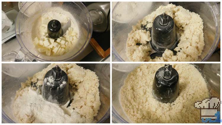 Cutting the butter into the dough for the base of the pie crust dough recipe for the cheesecake.