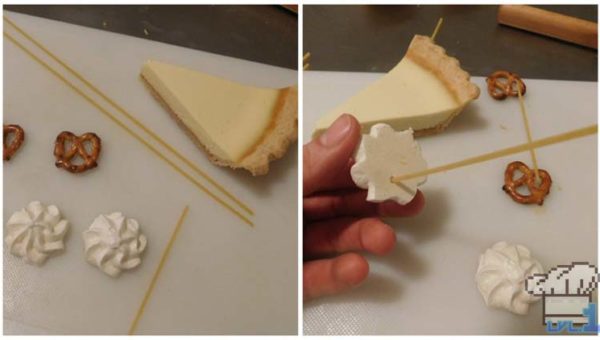 Assembling the meringue cookie wheels for the freight car cheesecake recipe from the Legend of Zelda Spirit Tracks game series.