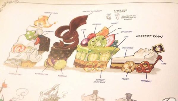 A hand drawn artist's interpretation of the dessert train from the Legend of Zelda Spirit Tracks game series, featured in the Hyrule Historia book.