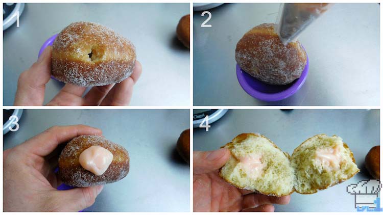 Piping the filling into the big malasada doughnuts from the Pokemon game series.