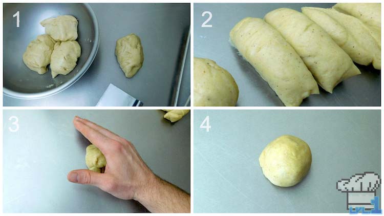 Dividing up the malasada doughnut dough and rolling it into individual balls before frying.