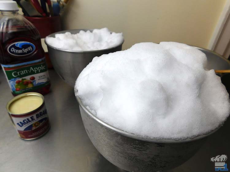 Snow, a can of sweetened condensed milk and a bottle of Cran-Apple Juice ingredients for the Couple's Cake from the Super Mario Bros Paper Mario Thousand Year Door game series.