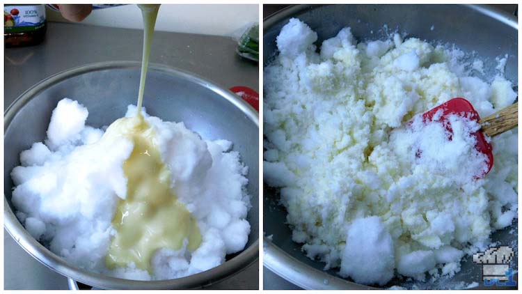 Mixing the can of sweetened condensed milk into the fresh snow to make snow ice cream for the Couple's Cake from the Super Mario Bros Paper Mario Thousand Year Door game series.