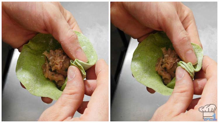 Pinching the ends of the Paper Mario Koopa Bun dough to form a pouch around the filling.