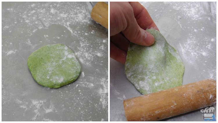 Rolling out the portioned dough for the Paper Mario Koopa buns before filling.