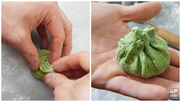 Pinching and twisting the top of the Paper Mario Koopa Bun dough to seal the pouch before steaming.