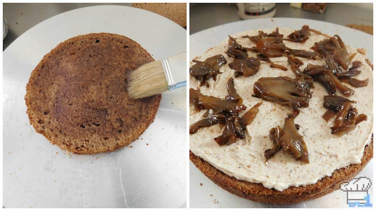 Brushing sherry simple syrup on top of the cake layer to incorporate sweetness into the Shroom Cake.