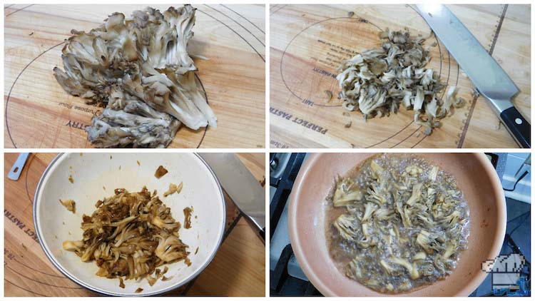 Maitake mushrooms sauteed in pan before adding to the maple buttercream for the Paper Mario mushroom Shroom Cake.