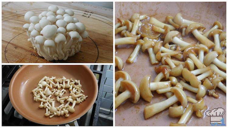 Beech mushrooms sauteed in pan before adding to the Paper Mario mushroom Shroom Cake.