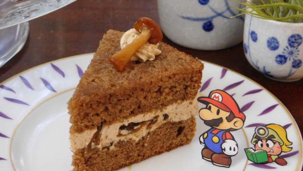 A slice of mushroom Shroom Cake from the Paper Mario Thousand Year Door game series.