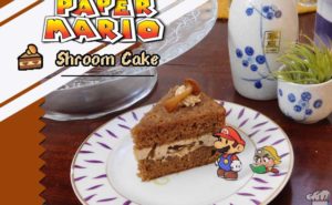 Cover photo of the finished recipe of mushroom Shroom Cake from the Super Mario Bros Paper Mario Thousand Year Door game series.