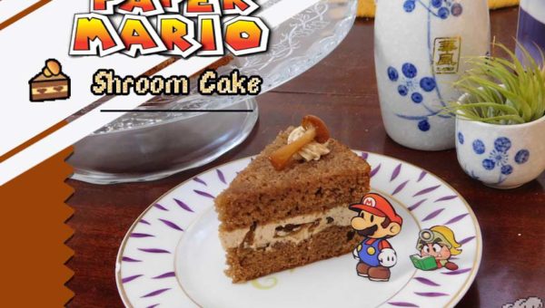 Cover photo of the finished recipe of mushroom Shroom Cake from the Super Mario Bros Paper Mario Thousand Year Door game series.