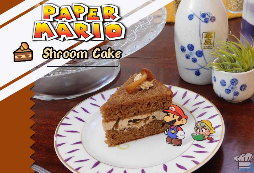 Cover photo of the finished recipe of mushroom Shroom Cake from the Super Mario Bros Paper Mario Thousand Year Door game series.