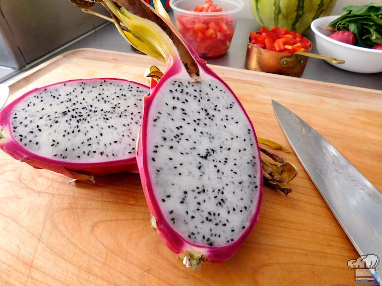 An interior shot of the beautifully seeded dragonfruit.