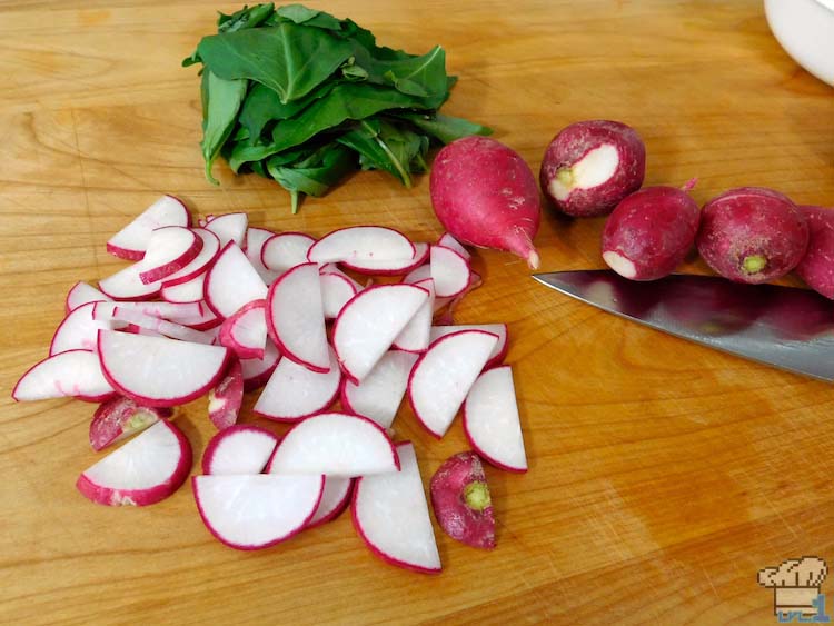 Slicing up radishes for the Creamy Heart Soup from the Legend of Zelda Breath of the Wild game series.
