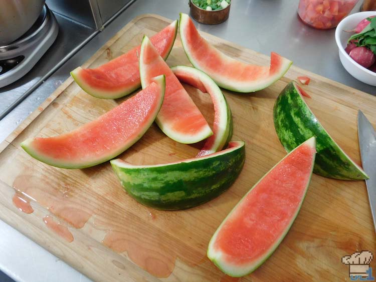 Slicing up watermelon for the Creamy Heart Soup recipe from the Legend of Zelda Breath of the Wild game series.