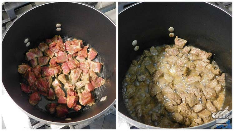 Cooking the meat in a medium sized stock pot before adding it to the stew to tenderize it.