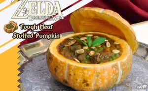 Finished tough meat stuffed pumpkin recipe from the Legend of Zelda Breath of the Wild game series compared to the pixel sprite of the in-game item.