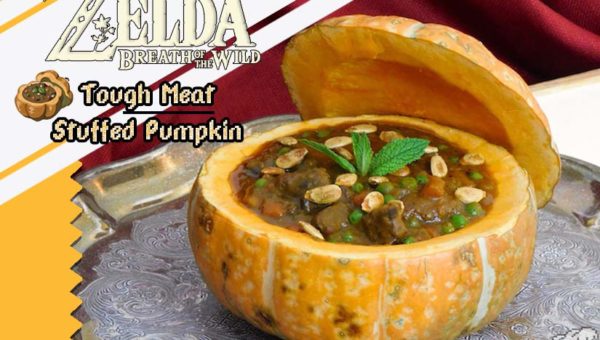 Finished tough meat stuffed pumpkin recipe from the Legend of Zelda Breath of the Wild game series compared to the pixel sprite of the in-game item.