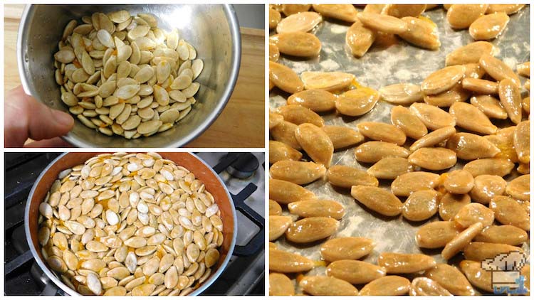 Toasting the pumpkin seeds in the oven with oil and salt to add them as garnish to the finished meat stuffed pumpkin recipe.