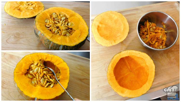 Hollowing out the pumpkin with a spoon and separating the seeds to toast in the oven.