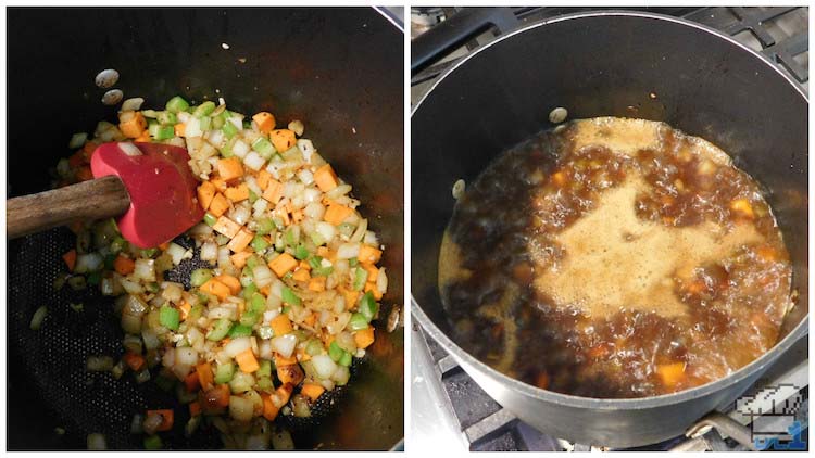 Sauteeing the vegetables and then cooking them down in broth for the meat stuffed pumpkin filling for the recipe from the Legend of Zelda Breath of the Wild game series.