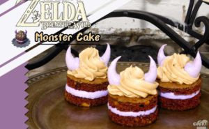 Cover photo showing the comparison of the finished Monster Cake recipe alongside the Monster Cake pixel sprite from the Legend of Zelda Breath of the Wild game series.