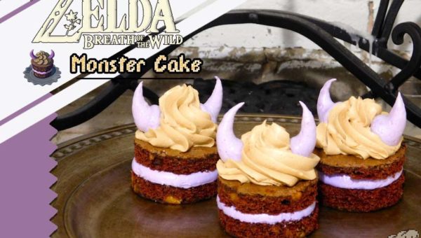 Cover photo showing the comparison of the finished Monster Cake recipe alongside the Monster Cake pixel sprite from the Legend of Zelda Breath of the Wild game series.