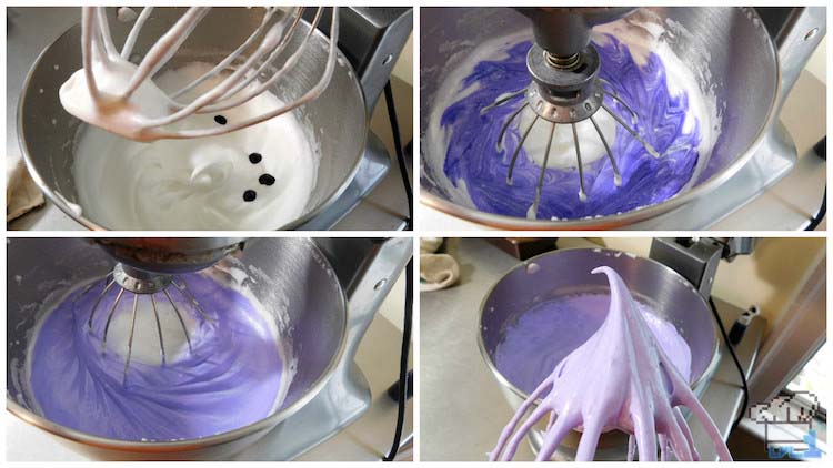Adding food coloring to the whipped meringue for the distinct purple color of the Monster Cake horns.