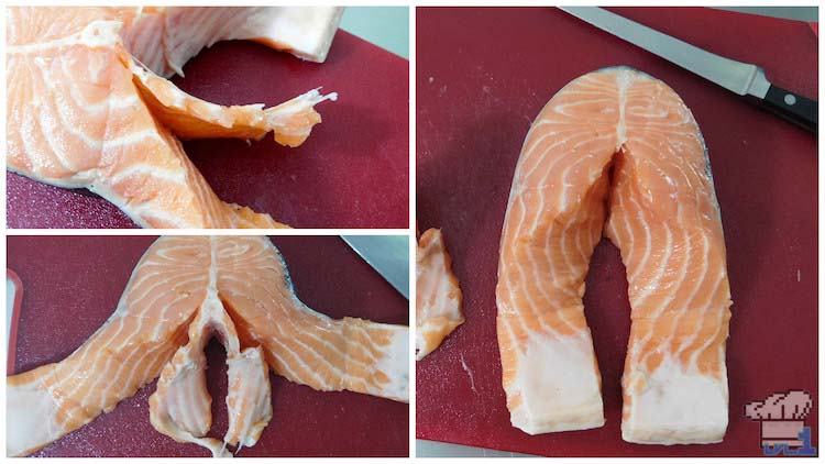Removing the salmon's spine from the filet for the Salmon Meuniere recipe from the Legend of Zelda Breath of the Wild game series.