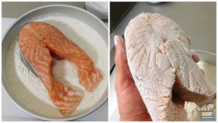 Salmon filet dredged in flour before pan frying for the Salmon Meuniere Legend of Zelda Breath of the Wild game series.